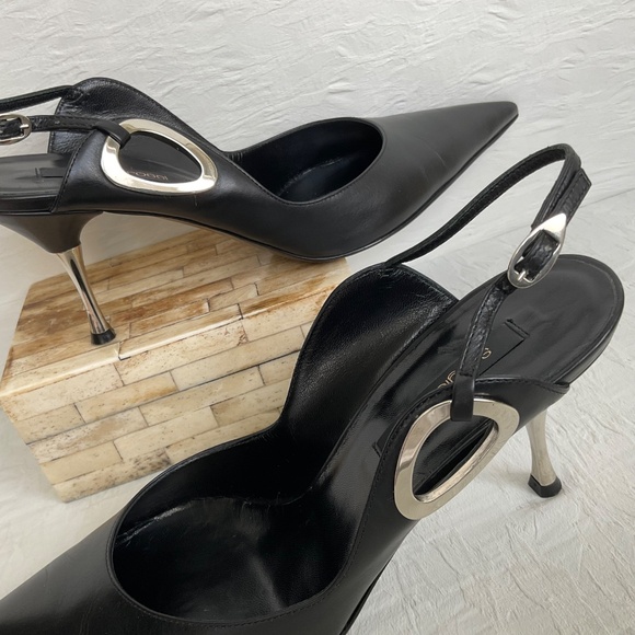 Sergio Rossi Dressy Slingbacks Pumps Heels Pointed Toe Black Leather w Silver 38 - Picture 3 of 16